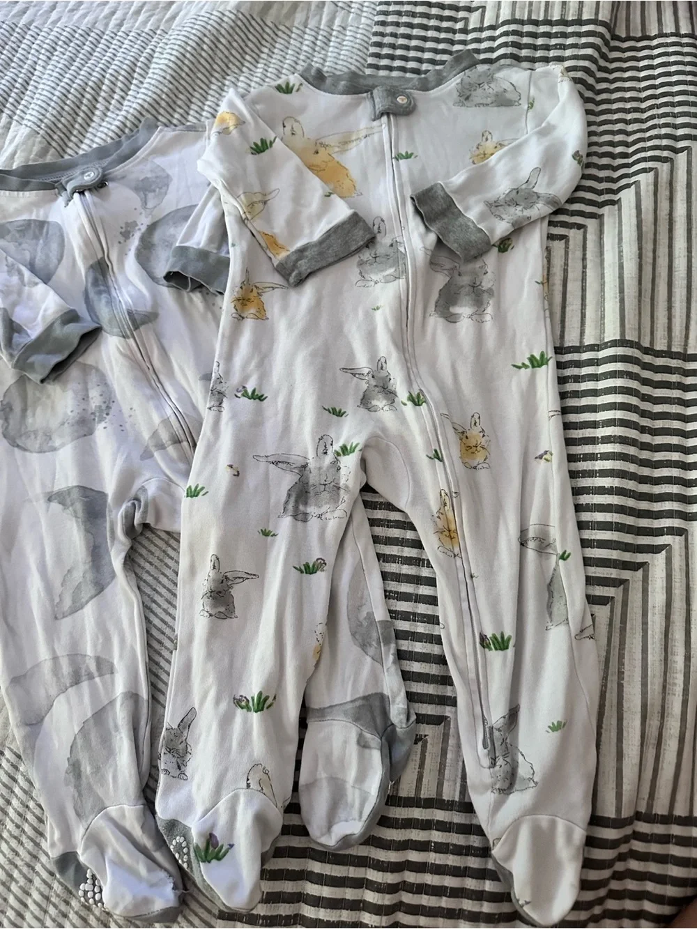 Baby Footed One-Piece Sleepers in Grey and White with Bunny Print